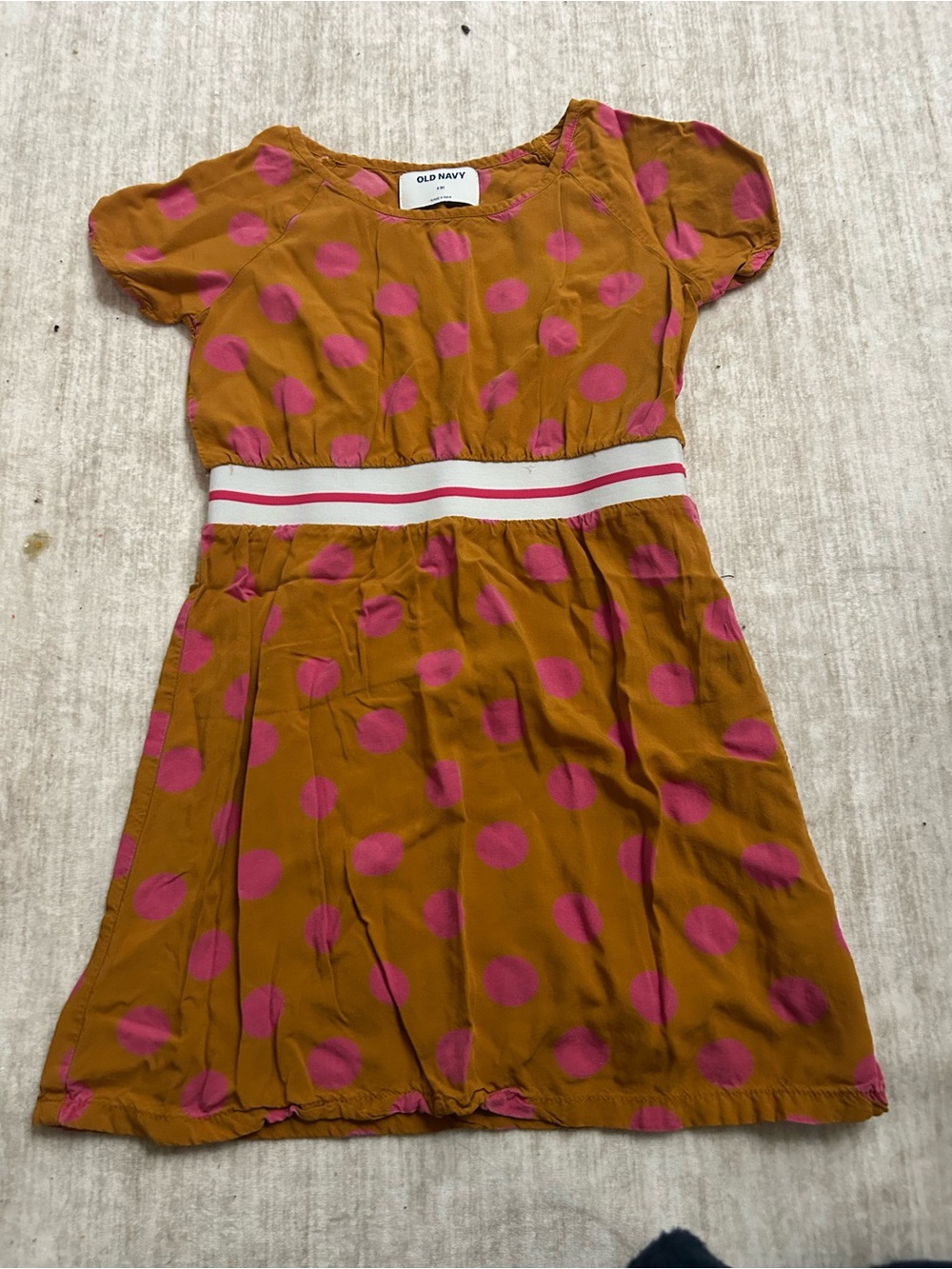 Old Navy Mustard Dress with Pink Polka Dots and Striped Waistband